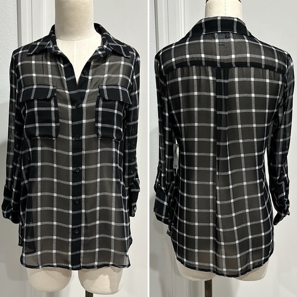 Old Navy Sheer Plaid Long Sleeve Button Up Collar Top - S - Picture 1 of 7